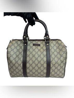 Gucci Beige GG Supreme Canvas Satchel with Dark Brown Leather Trim